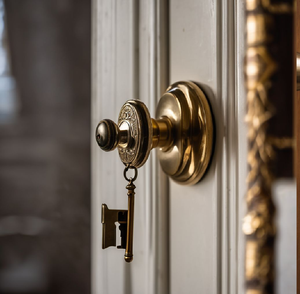 Un bouton décoratif vintage en laiton avec une clé complexe insérée, sur une porte blanche. Article disponible à prix de gros. - Product Image 1