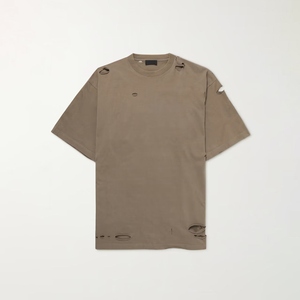 Men's Oversized Beige T-Shirt <b>Short</b> <b>Sleeve</b> O-Neck Street Style Jersey Knitted Cotton Solid Color With Cut-Out Details - Product Image 3