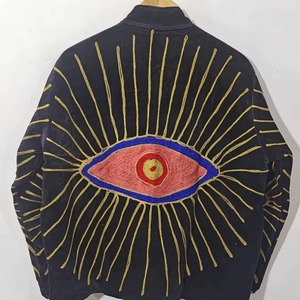 Black <b>Stand</b> Collar Kimono Jacket With Hand Embroidered Eye Pattern Full Sleeve <b>Drop</b> Shoulder Autumn Wear - Product Image 6