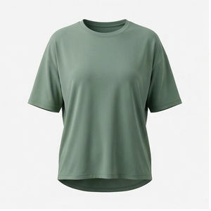 T-shirt à col rond vert uni à manches courtes 100% polyester respirant, vêtements de sport pour femmes, haut de yoga - Product Image 1