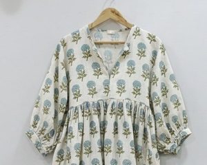 Robe d'été formelle simple 100 % coton faite à la main, écologique, motif floral imprimé au bloc indien, respirante, taille naturelle, longueur midi - Product Image 4