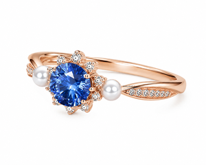 Anillo de Lujo con Acento de Gema Azul Redonda, Engaste de Garra, Halo de Diamantes para Mujer, Oro 10K 14K 18K, Plata 925 935, Regalo de Boda - Product Image 3