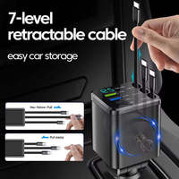 Chargeur de voiture rétractable 7-en-1 120W Type-C avec 2 ports USB-A, 2 ports USB-C PD, 3 câbles de charge, affichage numérique de la tension, charge rapide, protection contre les surtensions (OVP)