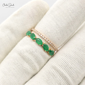 Anillo Apilable de Doble Aro con Esmeralda Natural de Corte Ovalado de 5x3mm y Halo de Diamantes en Oro Rosa de 14k, Joyería de Compromiso, Tendencia Actual - Product Image 6