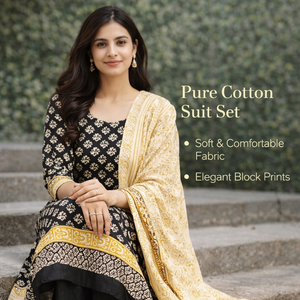 Traje Punjabi Ecológico Beige y Negro con Estampado Floral |   Conjunto de Kurti y Pijama de Algodón Hecho a Mano con Estampado de Bloques y Borde Decorativo |   Maestro de Sarong Indio - Product Image 5