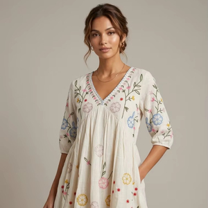 Vestido Mini de Algodón con Cuello en V y Manga Corta, Diseño Sólido, Holgado, Informal, para Fiesta, con Detalle Floral y Bolsillo - Product Image 1