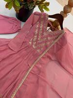 Ensemble Anarkali rose brodé, robe indienne Sharara, col en V, longueur ras du sol, coupe ample, protection solaire, dupatta en tissu filet, pour mariage