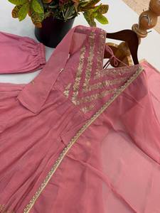 Pink Anarkali Suit Embroidered Indian Dress Sharara Set V Neck Floor-Length Loose Fit Sun Protection Net Dupatta Wedding - Product Image 5