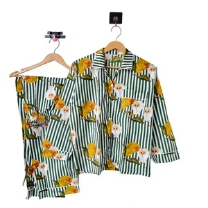 Conjunto de Pijama a Rayas con Estampado de Peras para Mujer, Manga Larga, Cuello Camisero, Tela 100% Algodón Suave, Ropa de Dormir Informal para Verano - Product Image 1