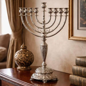 Menorah Antigua de Metal Plateado, Adorno Tradicional Judío para Hanukkah, Decoración para Sala de Estar - Product Image 1