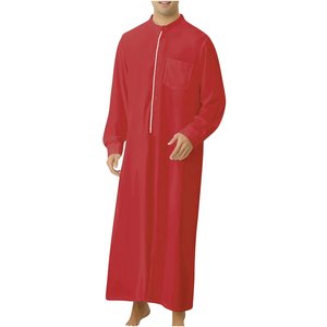 Thobe pour homme en lin à manches longues, col rond, longueur au sol, anti-plis, respirant, modeste, pour la prière et le quotidien, style Moyen-Orient - Product Image 1