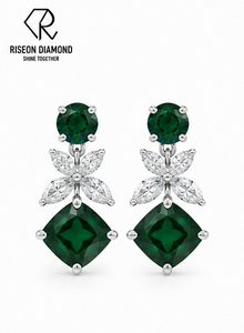 Pendientes de Gota con Esmeralda Corte Cojín Verde y Diamantes Marquise con Motivo Floral, Parte Superior Redonda, Joyería Fina de Lujo para Novia y Aniversario - Product Image 5