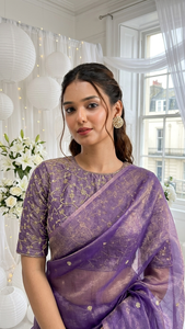 AARA Fashion Purple Silk <b>Saree</b> <b>Golden</b> Embroidery Traditional Indian Wedding Wear for Women Floor-Length Regular Fit Sun - Product Image 2