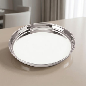 Assiette de service ronde en acier inoxydable, métal argenté, vaisselle moderne pour les fêtes - Product Image 6