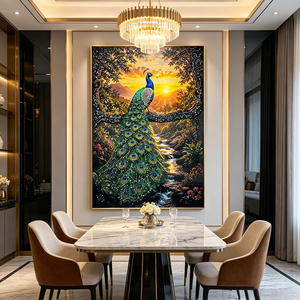 Luxury <b>Islam</b> Custom Golden Glitter Peacock Wall Art <b>Framed</b> Sunset Mountain Scenery LED Crystal Porcelain Painting Home Decor - Product Image 6