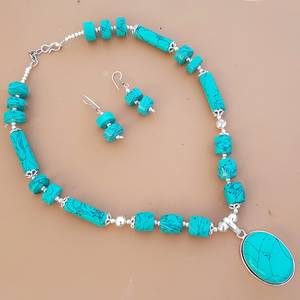 Turquoise Necklace Earrings <b>Set</b> Handmade Gemstone Jewelry For Women Silver Overlay Wholesale Fashion Gift - Product Image 3