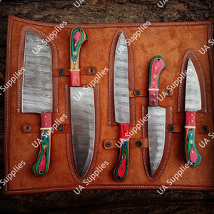 5-Piece Chef Western Style Cooking Slicing <b>Knife</b> <b>Set</b> Damascus Steel Blades Pakka Wood Handles Ambidextrous Leather Sheath Modern - Product Image 4
