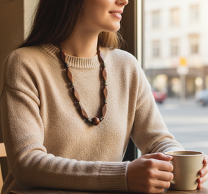 Collier artisanal en bois Matinee avec perles rectangulaires polies et entretoises oxydées sur cordon de coton ciré réglable - Product Image 6