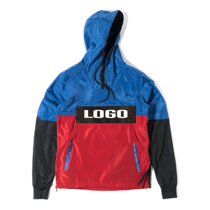 Men's Blue <b>Red</b> Black <b>Hooded</b> Windbreaker <b>Jacket</b> Color Blocking Design Regular Fit Sporty Spring Wear Windproof Printed Logo Front - Product Image 1