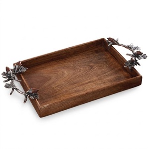 Deluxe Quality Handcrafted Wooden <b>Serving</b> <b>Tray</b> With Elegant <b>Black</b> Metal Handles Perfect For Home Decor & Kitchen Use Low Price - Product Image 3
