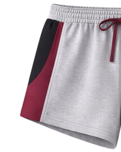Shorts de détente pour femmes gris, rouge et noir, taille élastique avec cordon de serrage, empiècements contrastants, en coton et polyester doux, décontractés, confortables pour l'été - Product Image 3