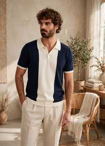 Chemise décontractée pour homme en maille unie 100 % polyester, grande taille, manches courtes, col blanc, boutonnée, bleu marine - Product Image 6