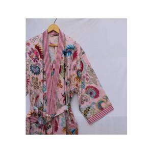 Peignoir en tissu 100% coton imprimé bloc à la main avec cordon de serrage Peignoirs de bain toutes saisons - Product Image 5