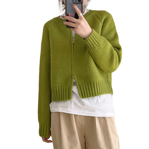 <b>Women's</b> Green Knitted <b>Cardigan</b> O-Neck Full Sleeve Casual Autumn Solid Color 100% Acrylic Short Length Single Button Closure - Product Image 1