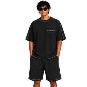 Black Mens Oversized T Shirt And Shorts <b>Set</b> Contrast Piping Custom Logo Crew Neck Casual Streetwear Summer Two Piece Wholesale - Product Image 1