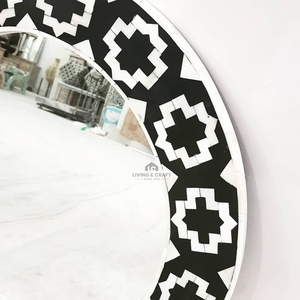 Espejo Redondo Decorativo de Pared con Incrustaciones de Hueso Hecho a Mano, Marco Geométrico Blanco y Negro, Espejo Decorativo de Lujo para el Hogar, Hotel e Interiores - Product Image 3