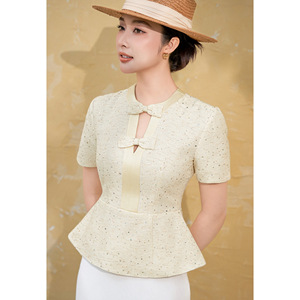Blusa Casual de Fiesta para Mujer, Diseño ODM OEM, Color Liso, con Lazo de Lentejuelas, Cuello en V, Peplum, Manga Corta, Personalizable - Product Image 3