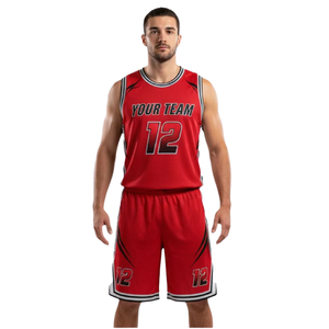 Conjunto de uniforme de baloncesto para hombre, camiseta y pantalones cortos, cuello redondo, sin mangas, dobladillo a rayas, diseño lateral en contraste, nombre impreso, número, kit de equipo - Product Image 1