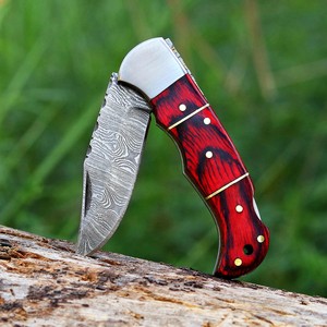 Cuchillo Plegable de Acero de Damasco con Patrón Trenzado, Bloqueo Trasero, Mango de Madera Pakka, Funda, Cuchillo EDC de Bolsillo para Camping, OEM, Venta Caliente - Product Image 2