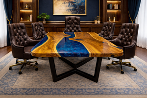 Mesa de Oficina de Lujo con Resina Epoxi Azul, Escritorio Ejecutivo de Madera Maciza Hecho a Mano, Mesa de Comedor Moderna de Madera de Acacia - Product Image 3