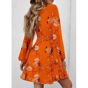 Abito da donna a maniche lunghe in chiffon floreale con cintura, scollo a V e balze, mini, per primavera estate, arancione, taglia L - Casual - Product Image 2