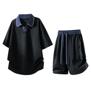 Conjunto de Dos Piezas para Hombre, 100% Algodón, Diseño Color Block, Estilo Casual de Verano, Camisa de Manga Corta con Cuello Solapa y Abertura Media, y Camiseta - Product Image 5