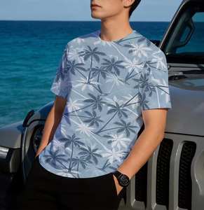 Men's Blue Palm Tree Print Short Sleeve O-Neck Casual T-Shirt Regular Fit Digital Print Breathable Knitted 100% Polyester - Product Image 4