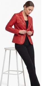Wholesale Women Red <b>Leather</b> <b>Blazer</b> Slim Fit Four Pocket Suit <b>Jacket</b> Custom Button Up Corporate Outerwear Supplier - Product Image 3