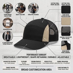 Unisex 6-Panel Trucker <b>Hat</b> Black With Beige Contrast Mesh Back Adjustable Strap Casual Spring Summer <b>Cap</b> - Product Image 4