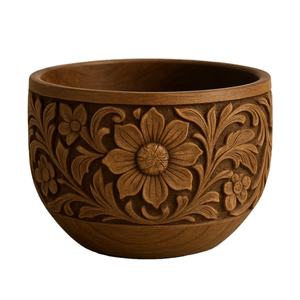 ชามไม้สีน้ำตาลพร้อมดอกไม้แกะสลักลายนูนเหมาะสำหรับตกแต่งบ้านโต๊ะผลไม้แห้งหรือของขวัญตามเทศกาล - Product Image 1