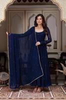 Anarkali Kurti Dupatta ethnique pakistanais indien bleu, broderie florale perlée, faux Georgette, manches longues pour femmes, pour mariage et fête