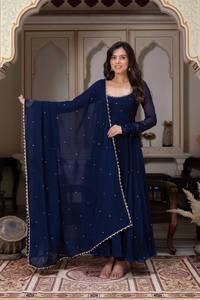 Blue Pakistani Indian Ethnic Anarkali Kurti Dupatta Beaded Floral Embroidery Faux Georgette Long Sleeves for Women Wedding Party - Product Image 6