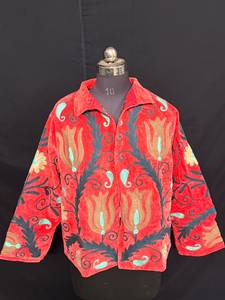 Vintage Red Suzani Embroidered <b>Velvet</b> Jacket Floral Boho <b>Coat</b> Kashmiri Handmade Open Front Cardigan <b>Women</b> Winter Jacket - Product Image 1