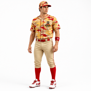 RONAL SPORTS Uniforme de baseball imprimé camouflage à manches courtes pour homme, maillot respirant en polyester avec ceinture rouge et chaussettes - Product Image 3