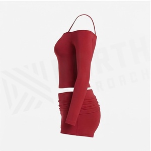 North Approach 2 Piece Yoga Set Off Shoulder Spaghetti Strap <b>Crop</b> <b>Top</b> High Waist Ruched Shorts Solid <b>Red</b> Full Sleeve Seamless - Product Image 3