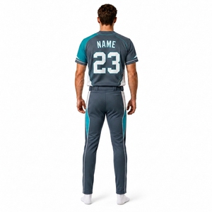 Ensemble de maillot et pantalon de baseball personnalisé pour hommes, sublimé, anti-humidité, coupe athlétique, nom de l'équipe, 23, gris, bleu, blanc, manches courtes - Product Image 2