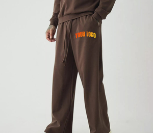 Pantalon de survêtement vintage marron en coton et laine pour homme, coupe droite, avec cordon de serrage à la taille et logo imprimé sur la jambe droite, idéal pour l'automne - Product Image 1