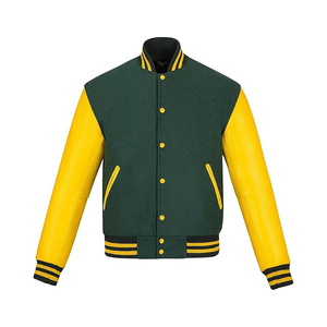 เสื้อแจ็คเก็ตวาร์ซิตี้ผู้ชาย สีเขียวเหลือง แขนหนัง PU สีพื้น ปิดกระดุม คอปกพับได้ สไตล์ลำลองสำหรับฤดูใบไม้ร่วง ทรงปกติ - Product Image 1