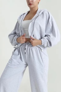 Autumn Women's High Quality Fleece Quick Dry Front Hooded Pullover Hoodie Jogger Pant Washed Drop Shoulder Custom Logo Pockets - Product Image 4