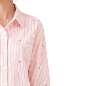 Camisa de Mujer a Rayas Rosa y Blanca con Botones, Blusa de Algodón de Manga Larga con Bordado de Corazón, Ajuste Holgado, Estilo Casual, Top Oversize - Product Image 4